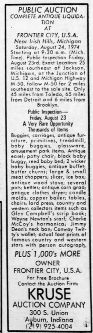 Frontier City - Aug 1974 Auction Notice